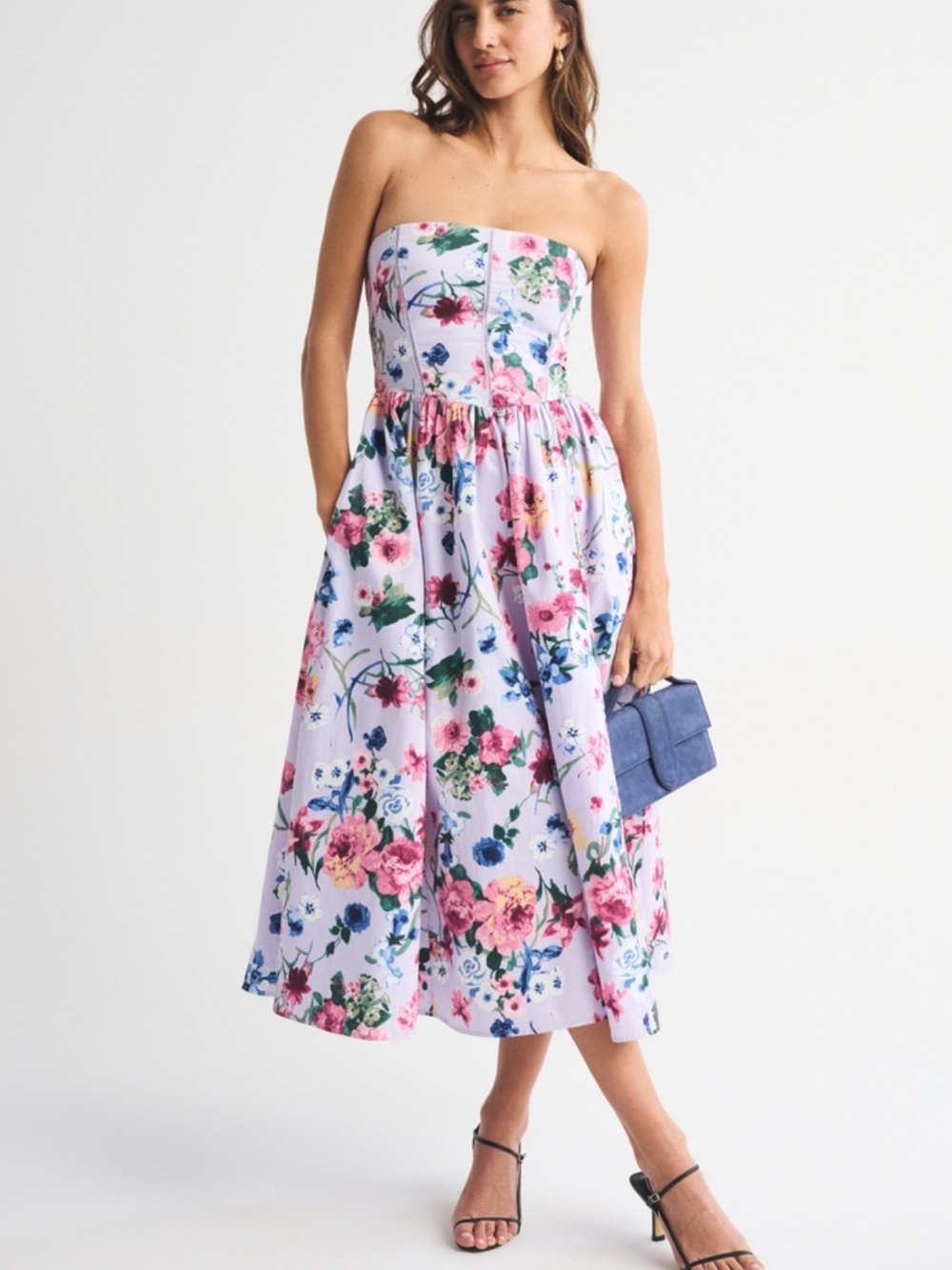 Abercrombie & Fitch Bra Free Dipped Waist Floral Midi Dress in Lavender